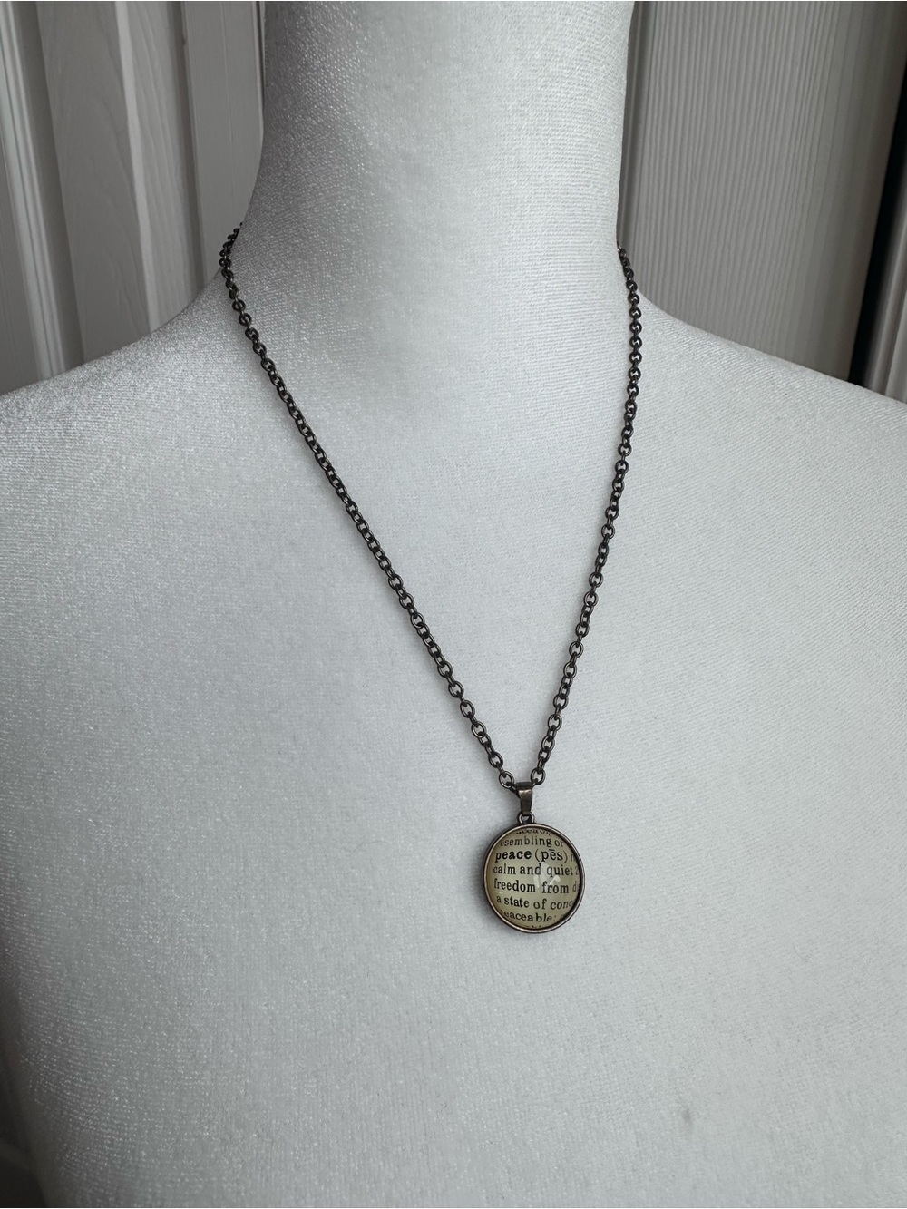 ZAD Antique Bronze Round Pendant “Peace” Definition Necklace with Dark Chain